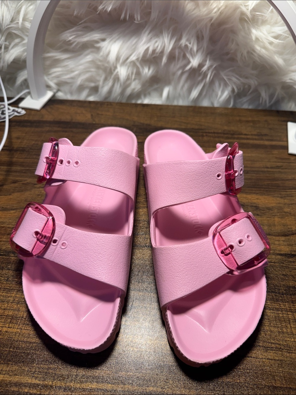 Birkenstock Pink Two-Strap Sandals with Transparent Pink Buckles